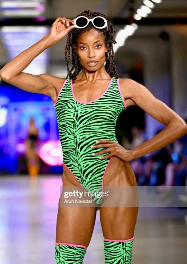 Highcut Onepiece Thong Swimsuit in Lime Green Zebra with Pink Trim