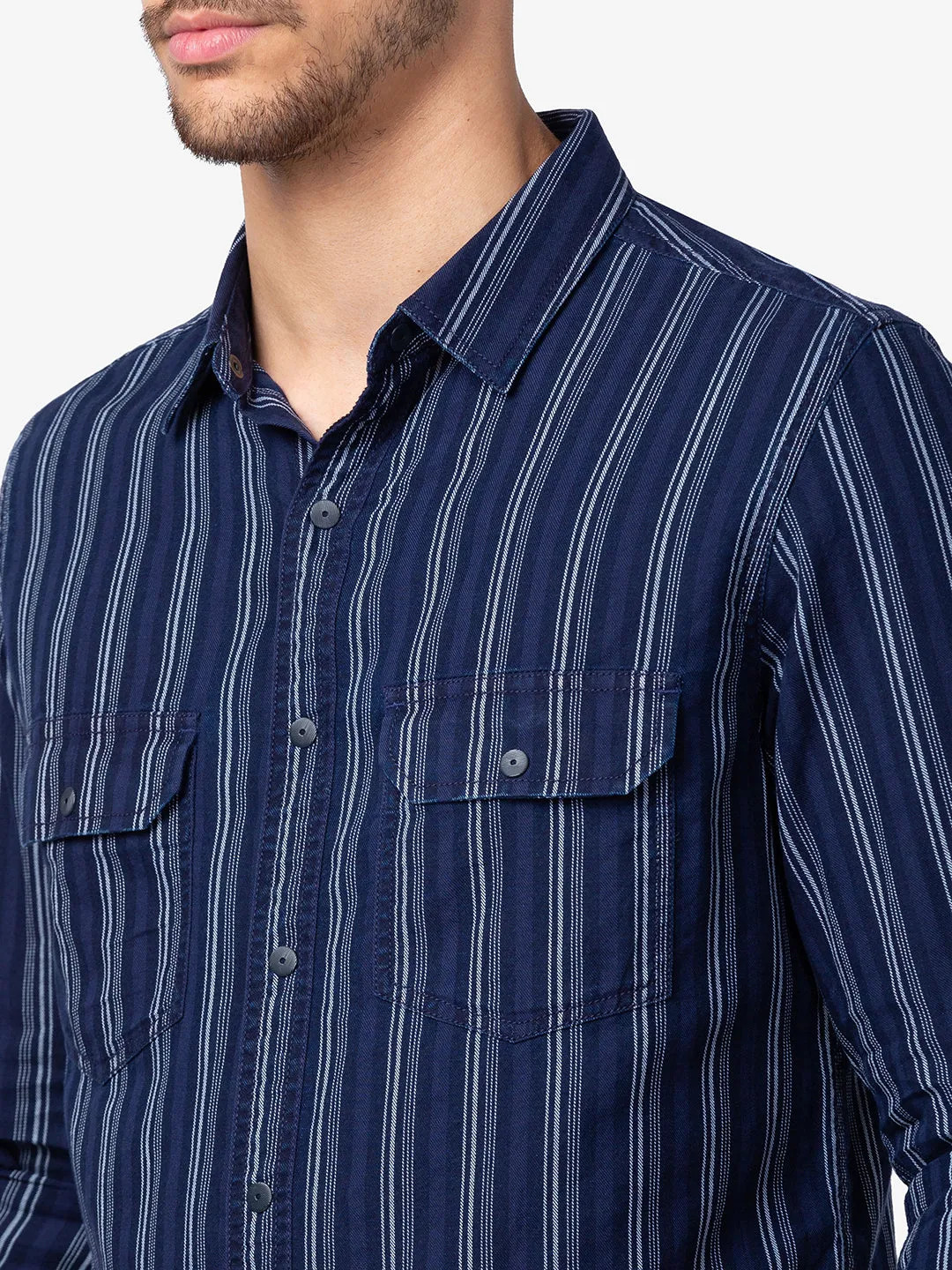 Spykar Men Indigo Blue Cotton Slim Fit Striped Shirt