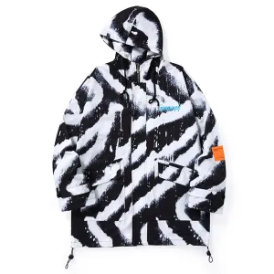 Zebra-Print 3D Patch Pocket Cuff Sleeves Couple Hooded Jacket